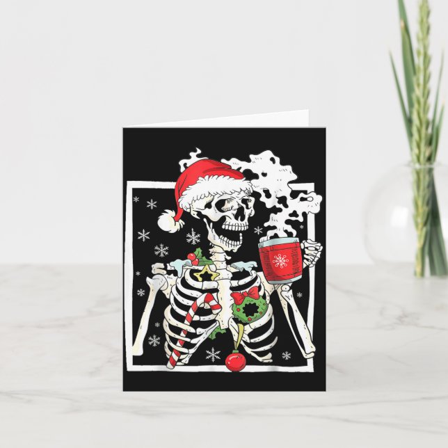 Christmas Skeleton With Smiling Skull Drinking Cof Card (Front)