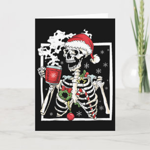 Christmas Skeleton With Smiling Skull Drinking Cof Card