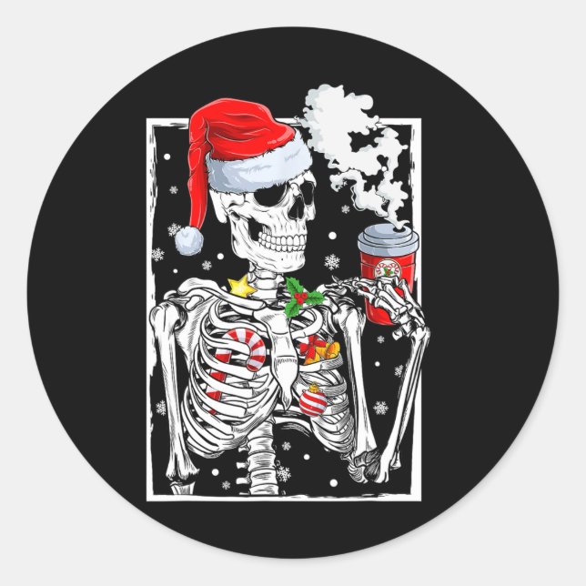 Christmas Skeleton With Smiling Skull Drinking Cof Classic Round Sticker (Front)