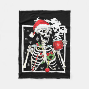 Christmas Skeleton With Smiling Skull Drinking Cof Fleece Blanket