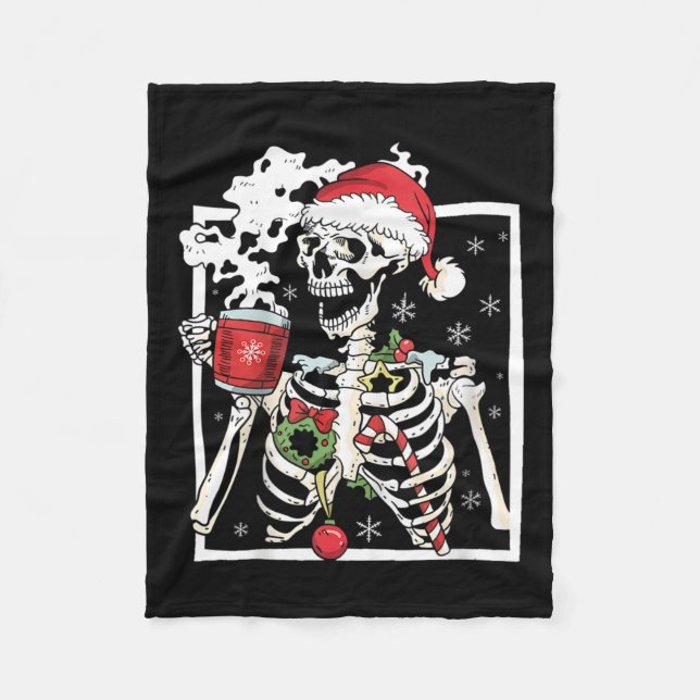 Christmas Skeleton With Smiling Skull Drinking Cof Fleece Blanket (Front)