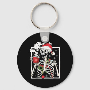 Christmas Skeleton With Smiling Skull Drinking Cof Keychain