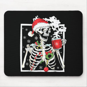 Christmas Skeleton With Smiling Skull Drinking Cof Mouse Pad