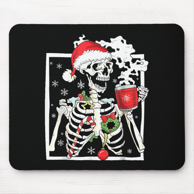 Christmas Skeleton With Smiling Skull Drinking Cof Mouse Pad (Front)