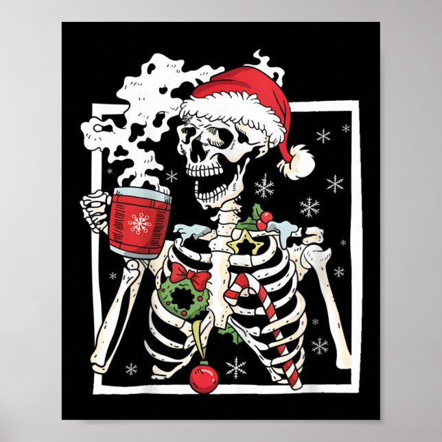 Christmas Skeleton With Smiling Skull Drinking Cof Poster (Front)