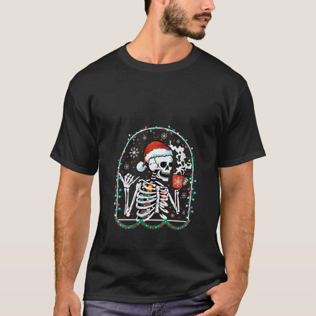 Christmas Skeleton With Smiling Skull Drinking Cof T-Shirt (Front)