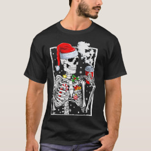 Christmas Skeleton With Smiling Skull Drinking Cof T-Shirt