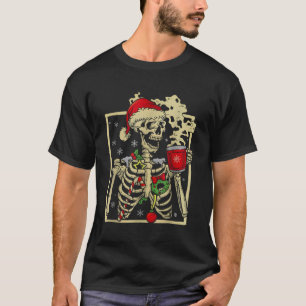 Christmas Skeleton With Smiling Skull Drinking Cof T-Shirt