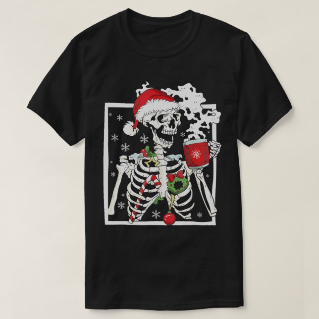 Christmas Skeleton With Smiling Skull Drinking Cof T-Shirt (Design Front)