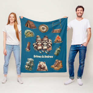 Christmas Ski Animal Couple Raccoon Outdoorsy Blue Fleece Blanket