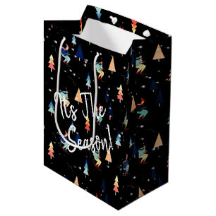 Christmas Skier In Snowflakes On Black Medium Gift Bag