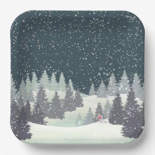 Christmas Skier in Winter Pines  Paper Plate