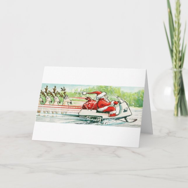 Christmas Skiing Santa Snowmobile Ski Holiday Card (Front)