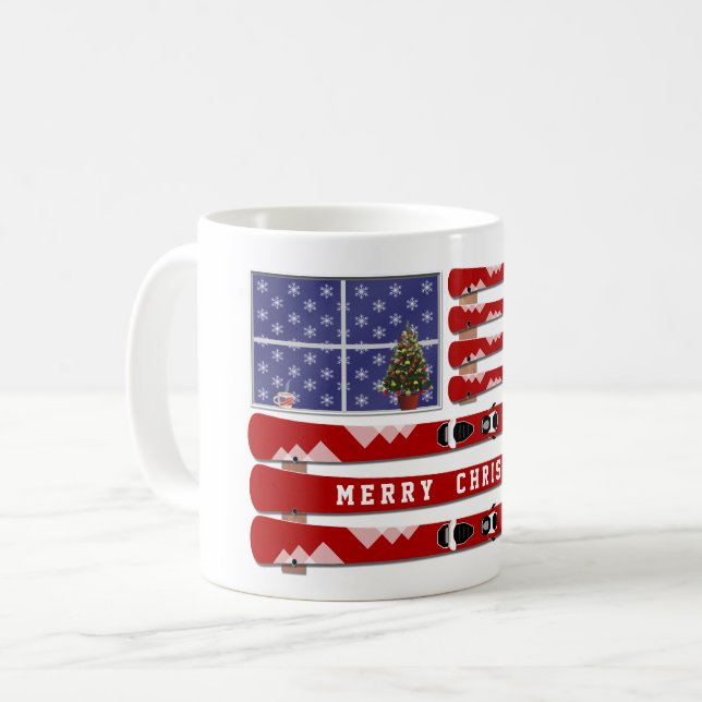 Christmas Skis and Snow USA Flag Coffee Mug (Front Left)
