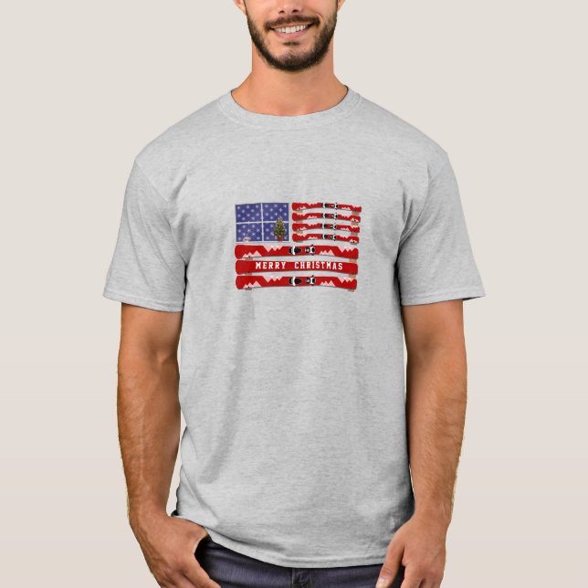 Christmas Skis and Snow USA Flag T-Shirt (Front)