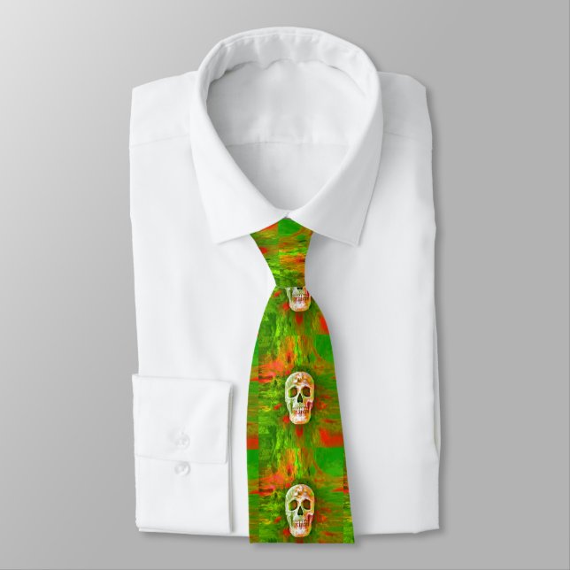 Christmas Skull Red Green Colourful Pop Art Design Tie (Tied)