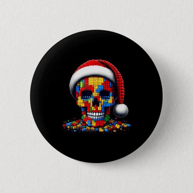 Christmas Skull Santa Hat Block Bricks Master Buil 2 Inch Round Button (Front)