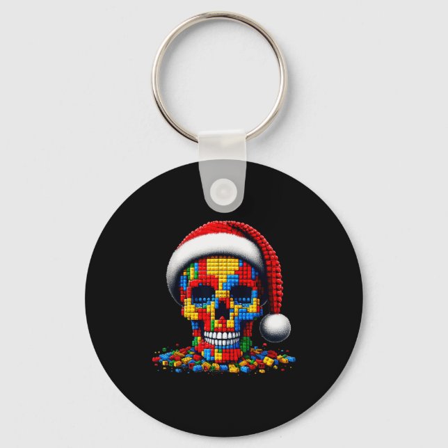 Christmas Skull Santa Hat Block Bricks Master Buil Keychain (Front)