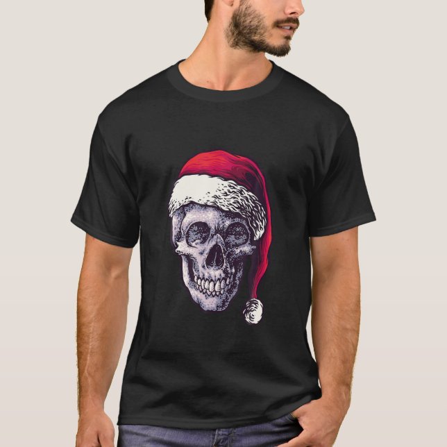 Christmas Skull | Skeleton In Santa Hat | Horror E T-Shirt (Front)