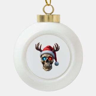 Christmas Skull with Santa Hat and Antlers Mystic  Ceramic Ball Christmas Ornament