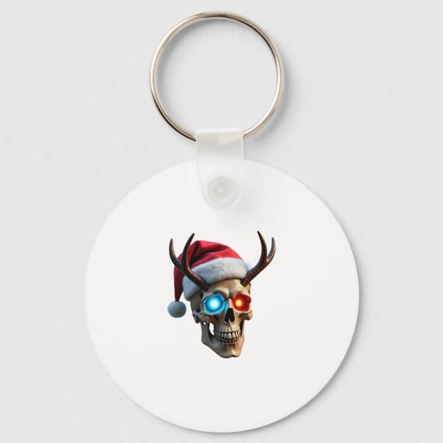 Christmas Skull with Santa Hat and Antlers Mystic  Keychain (Front)