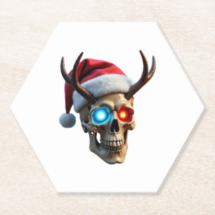 Christmas Skull with Santa Hat and Antlers Mystic Paper Coaster