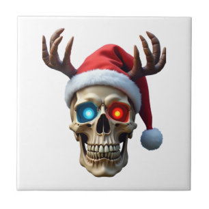 Christmas Skull with Santa Hat and Antlers Mystic  Tile