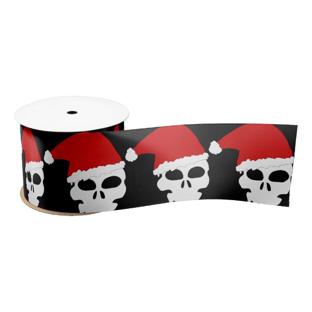Christmas Skull with Santa Hat Goth Satin Ribbon (Spool)
