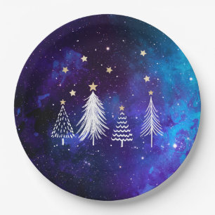 Christmas Sky, Blue, White, Stars, Party Paper Plate