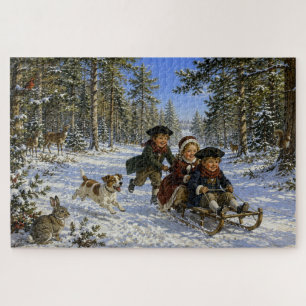 Christmas Sled Ride through the woods Jigsaw Puzzle
