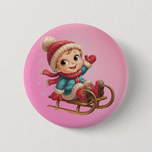 Christmas Sled Ride with Adorable Winter Child 2 Inch Round Button