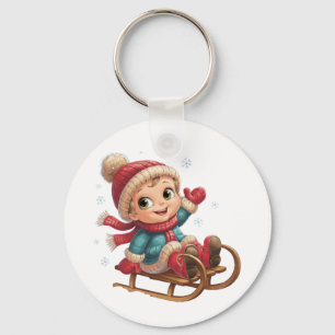 Christmas Sled Ride with Adorable Winter Child Keychain