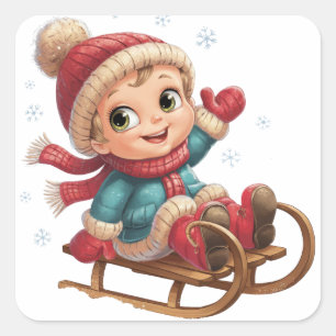 Christmas Sled Ride with Adorable Winter Child Square Sticker