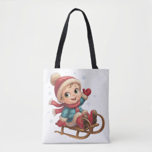 Christmas Sled Ride with Adorable Winter Child Tote Bag