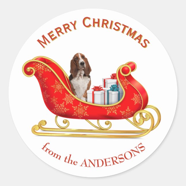 Christmas Sleigh Basset Hound Dog Classic Round Sticker (Front)