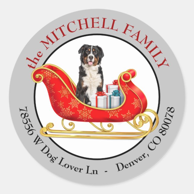 Christmas Sleigh Bernese Mountain Dog Address Classic Round Sticker (Front)