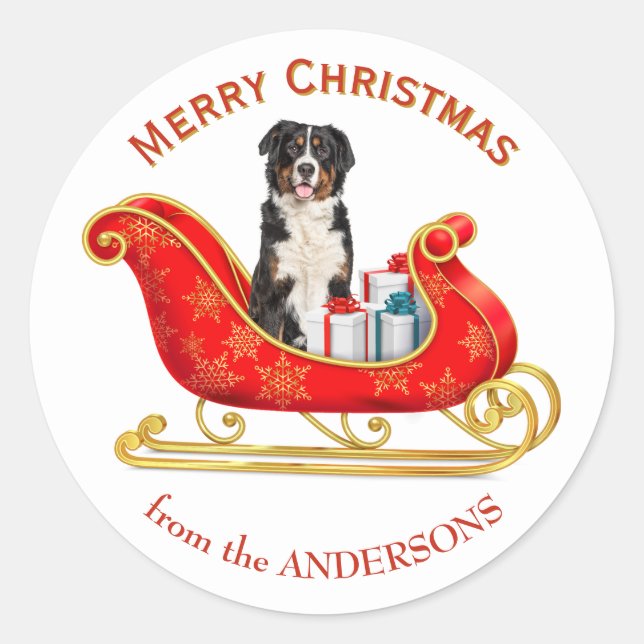 Christmas Sleigh Bernese Mountain Dog Classic Round Sticker (Front)