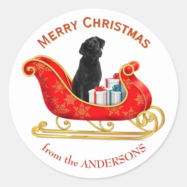 Christmas Sleigh Black Labrador Retriever Dog Classic Round Sticker (Front)