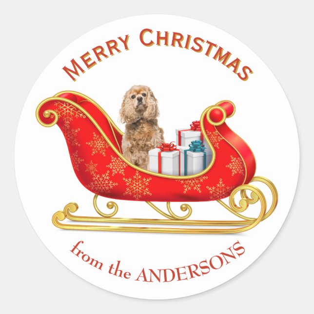 Christmas Sleigh Buff Cocker Spaniel Dog Classic Round Sticker (Front)