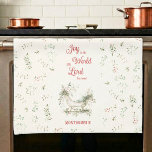 Christmas Sleigh Custom Last Name Joy To The World Kitchen Towel