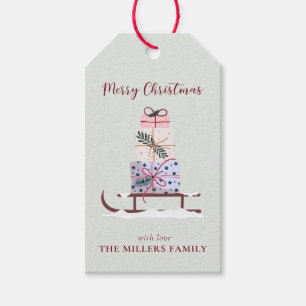 Christmas sleigh full of gifts, ligth green  gift tags