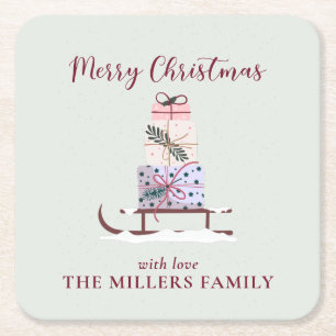 Christmas sleigh full of gifts, ligth green  square paper coaster