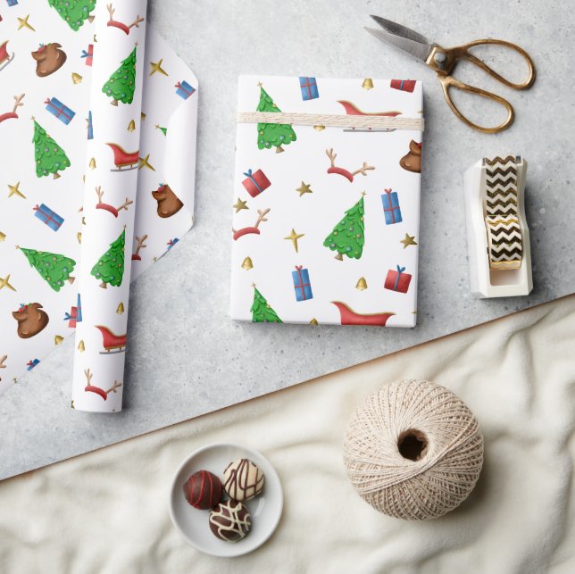 Christmas Sleigh Reindeer Antlers Gifts Pattern  Wrapping Paper (Crafts)