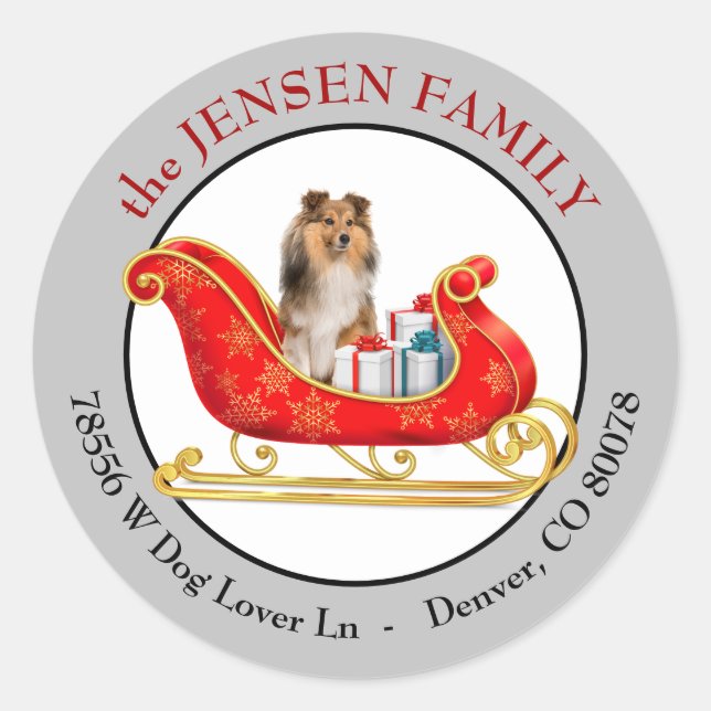Christmas Sleigh Shetland Sheepdog Return Address Classic Round Sticker (Front)