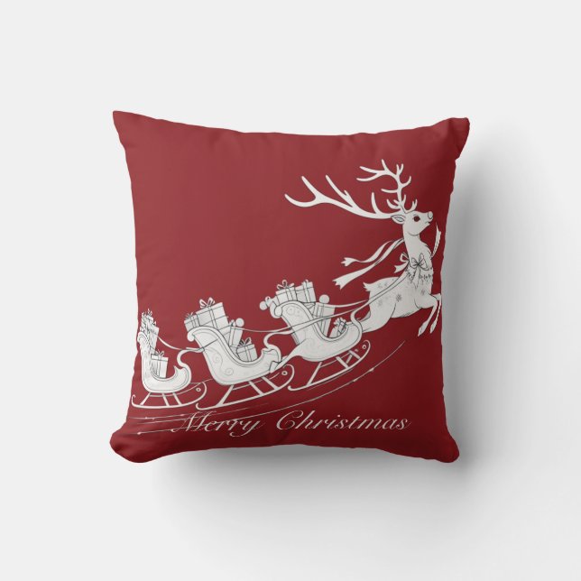Christmas Sleigh with Reindeer Throw Pillow (Front)