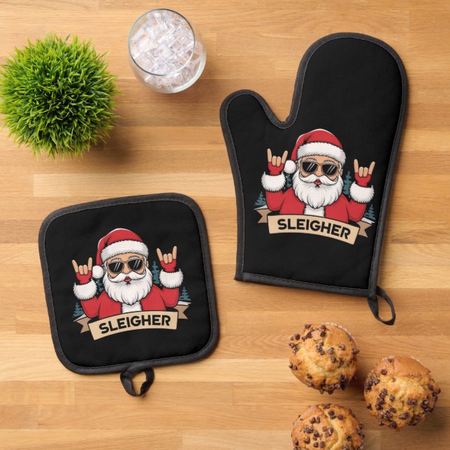 Christmas Sleigher Santa Rock Xmas Rocker  Oven Mitt & Pot Holder Set (Top Down)