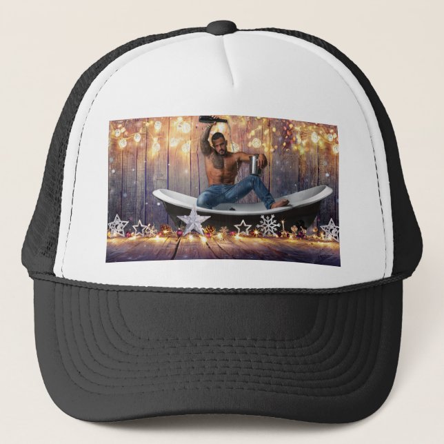 Christmas SlipperyJoe silver gold stars lights wet Trucker Hat (Front)