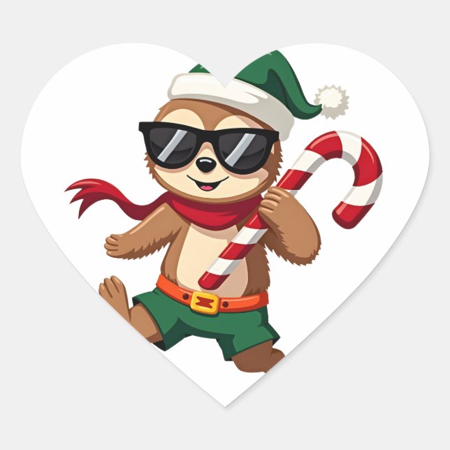 Christmas Sloth Elf Peppermint Candy Cane Shirt Gi Heart Sticker (Front)