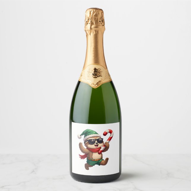 Christmas Sloth Elf Peppermint Candy Cane Shirt Gi Sparkling Wine Label (Front)