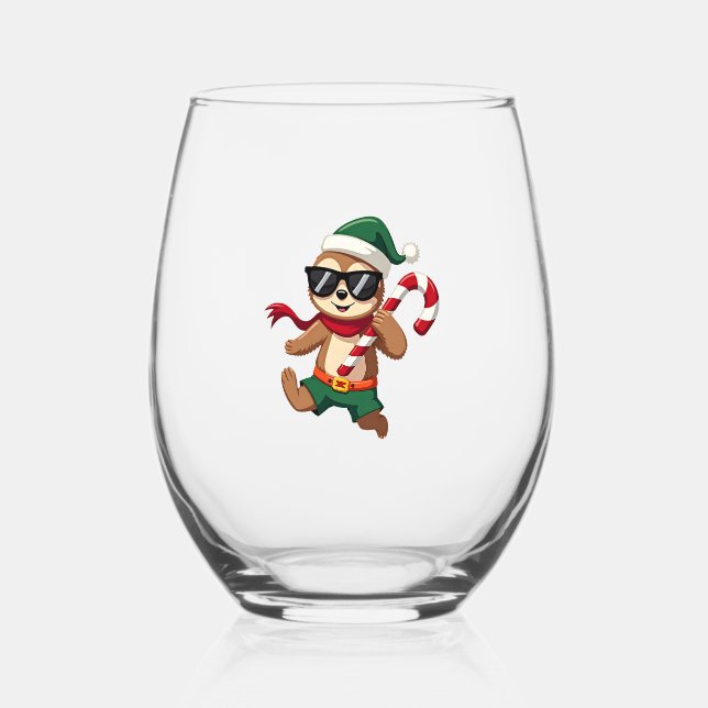 Christmas Sloth Elf Peppermint Candy Cane Shirt Gi Stemless Wine Glass (Front)